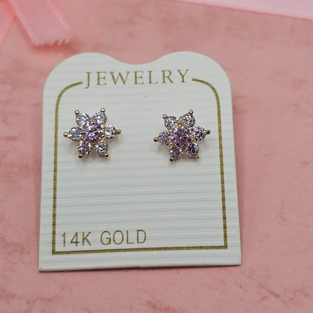 14KT Italian Gold Flower CZ Screw Back Stud Earrings October